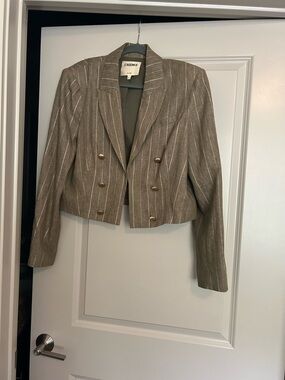 L'AGENCE Taupe Pinstripe Cropped Double-Breasted Blazer